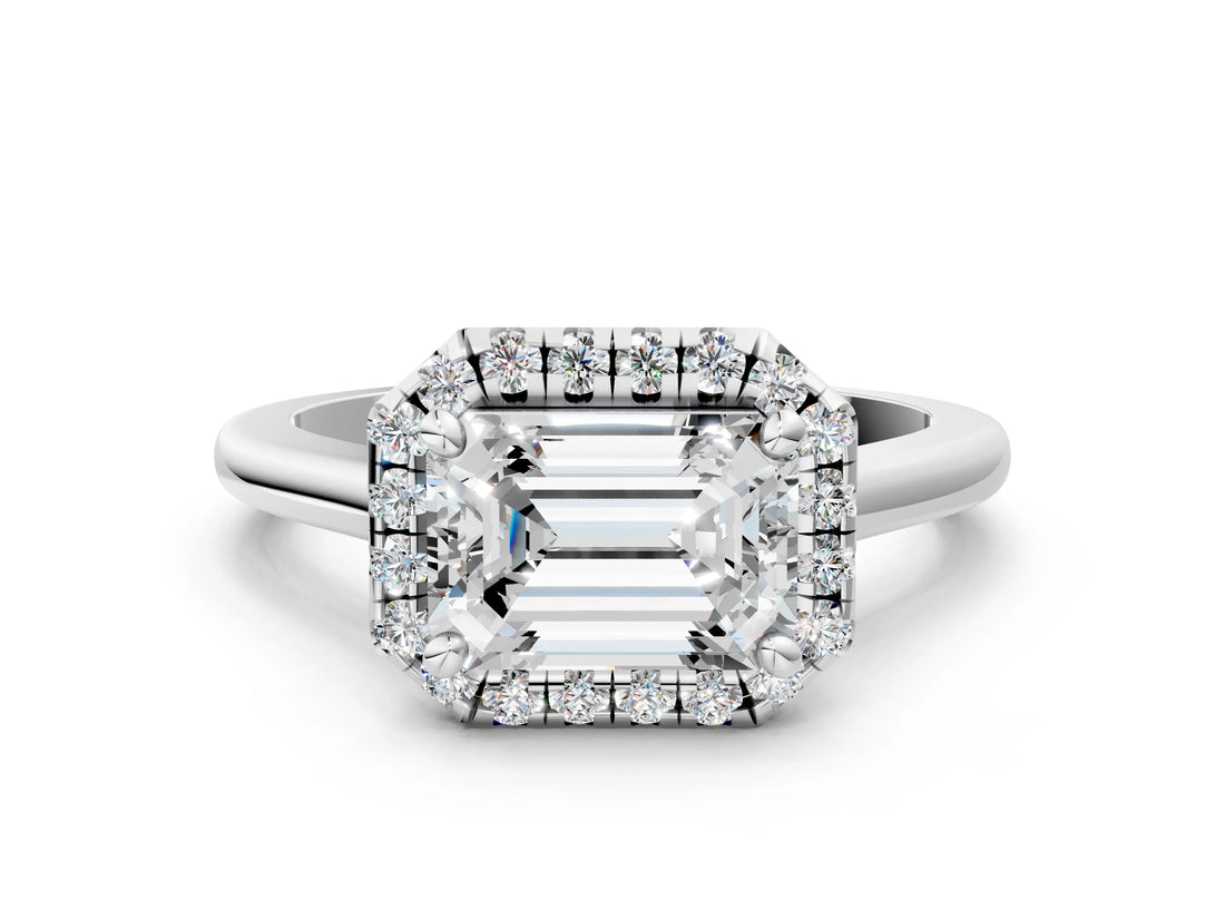 White gold Emerald Cut Halo Round Diamond Solitaire Engagement Ring with Pave Band and Four-Prong Setting_7