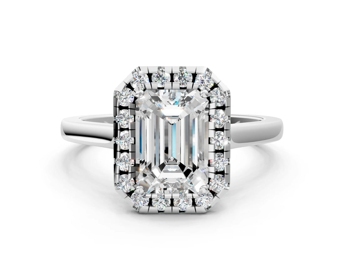 White gold Emerald Cut Halo Round Diamond Solitaire Ring with Pavé Band and Four-Prong Setting