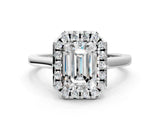 White gold Emerald Cut Halo Round Diamond Solitaire Ring with Pavé Band and Four-Prong Setting