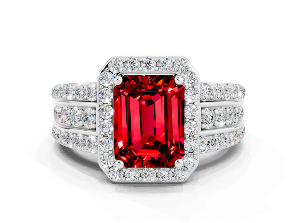 Platinum Emerald Cut Halo Ruby Ring with Round  Split Shank and Prong Setting