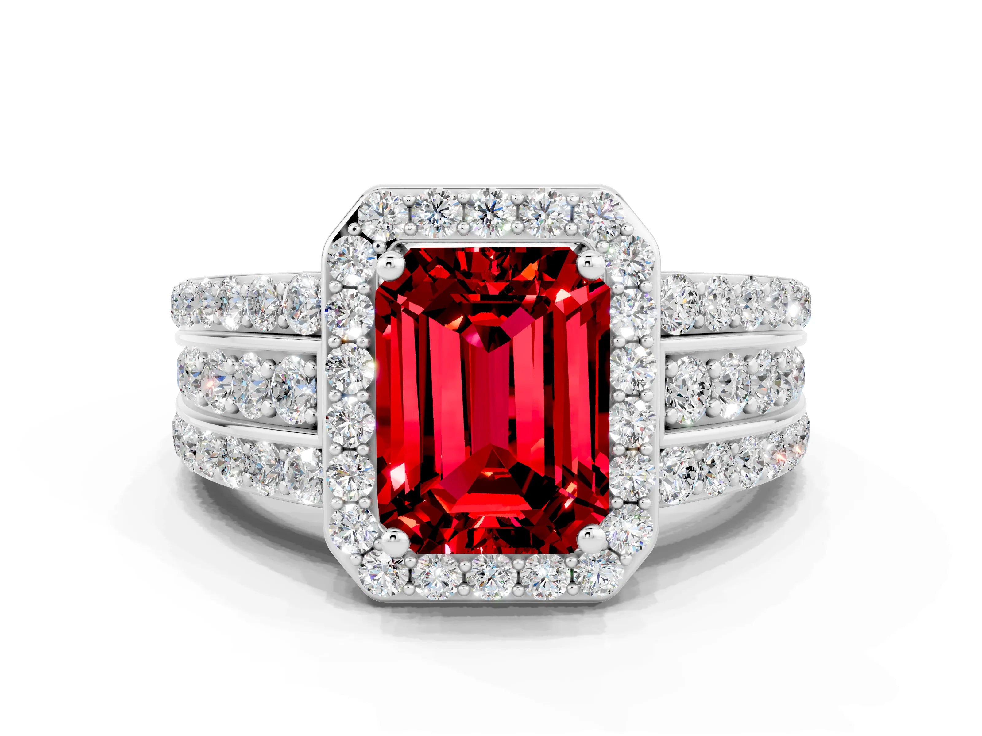 White gold Emerald Cut Halo Ruby Ring with Round  Split Shank and Prong Setting_12