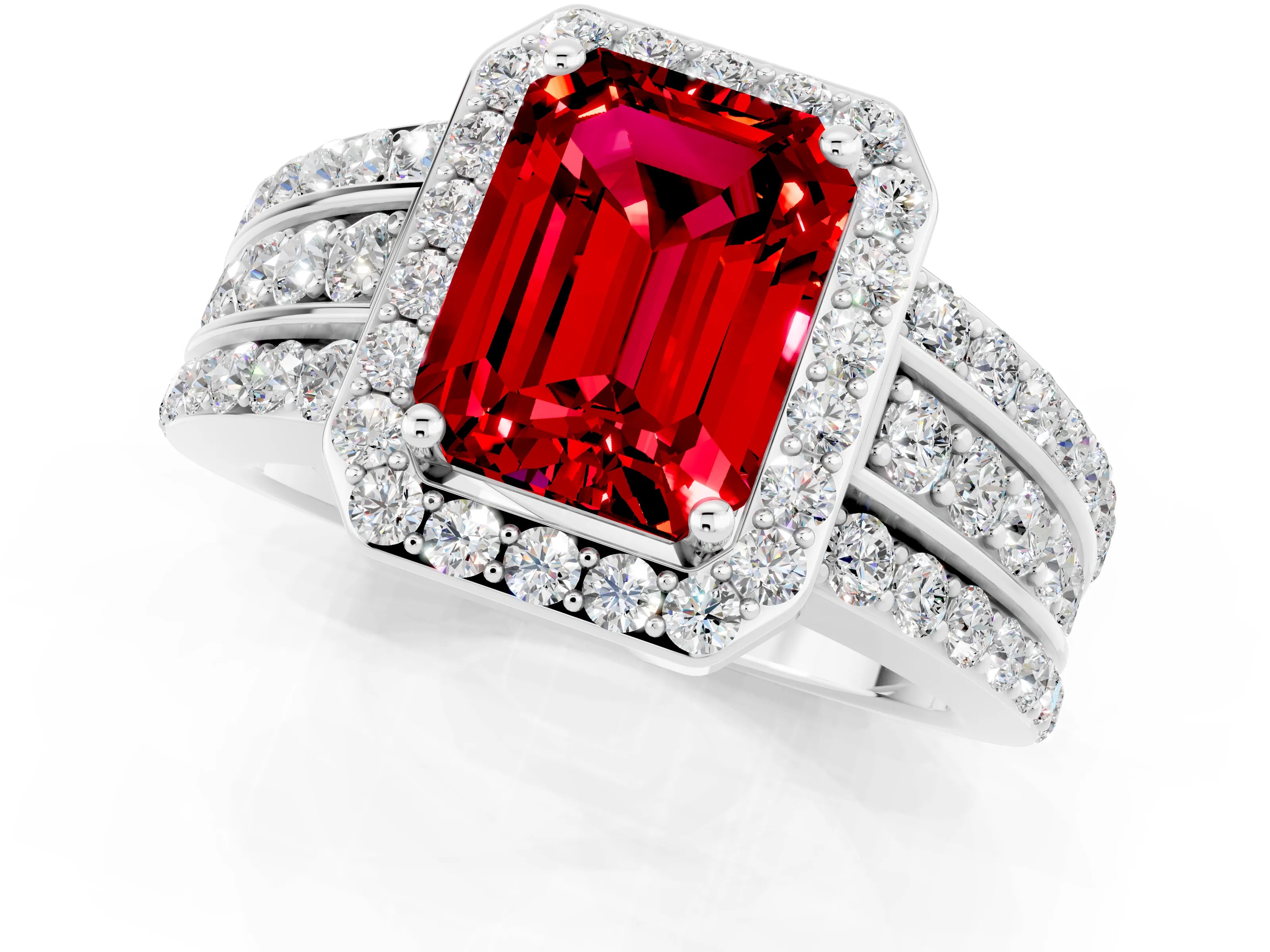 White gold Emerald Cut Halo Ruby Ring with Round  Split Shank and Prong Setting_13