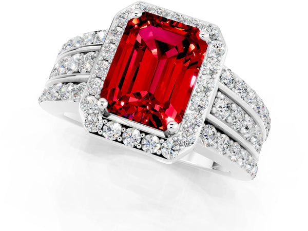 Silver Emerald Cut Halo Ruby Ring with Round  Split Shank and Prong Setting