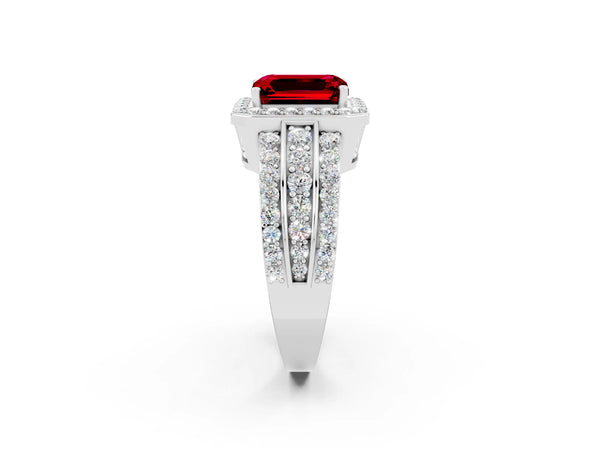 Silver Emerald Cut Halo Ruby Ring with Round  Split Shank and Prong Setting