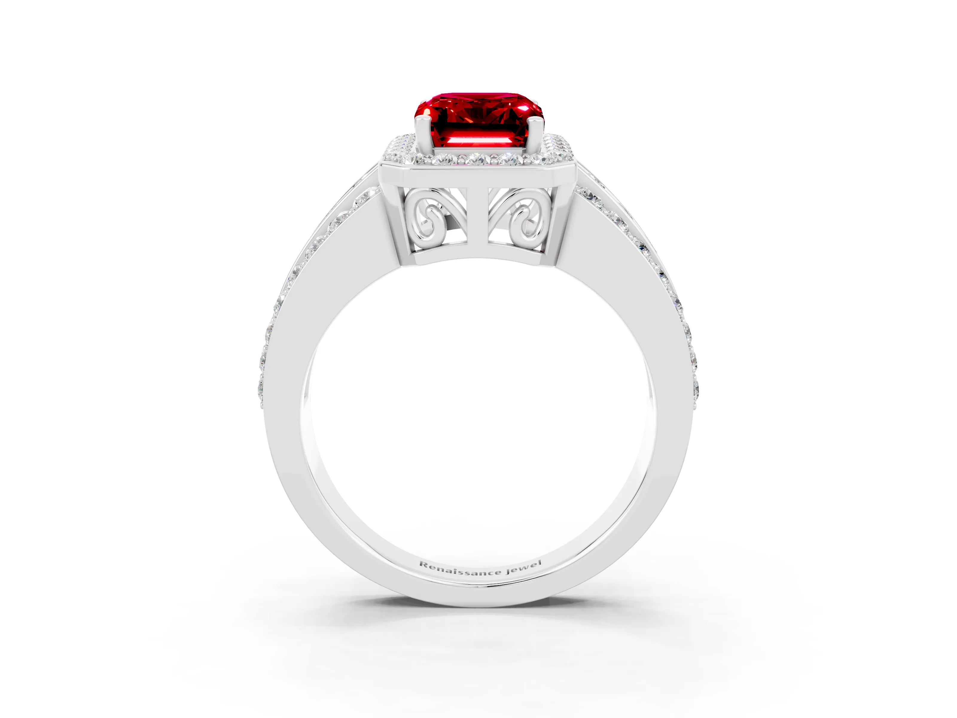 White gold Emerald Cut Halo Ruby Ring with Round  Split Shank and Prong Setting_15