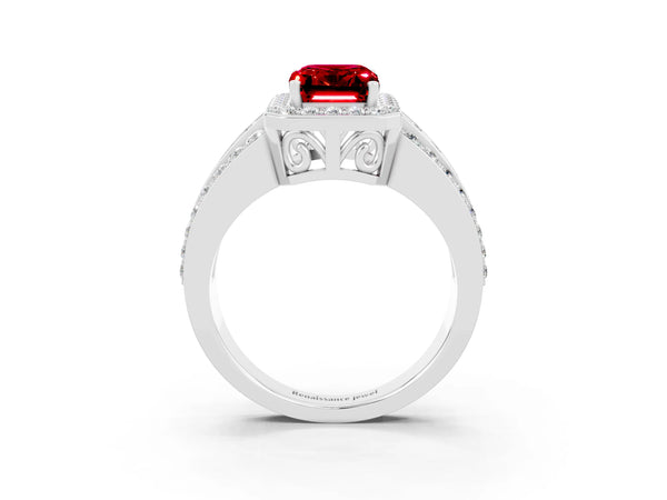 Silver Emerald Cut Halo Ruby Ring with Round  Split Shank and Prong Setting