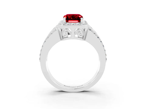 White gold Emerald Cut Halo Ruby Ring with Round  Split Shank and Prong Setting_15