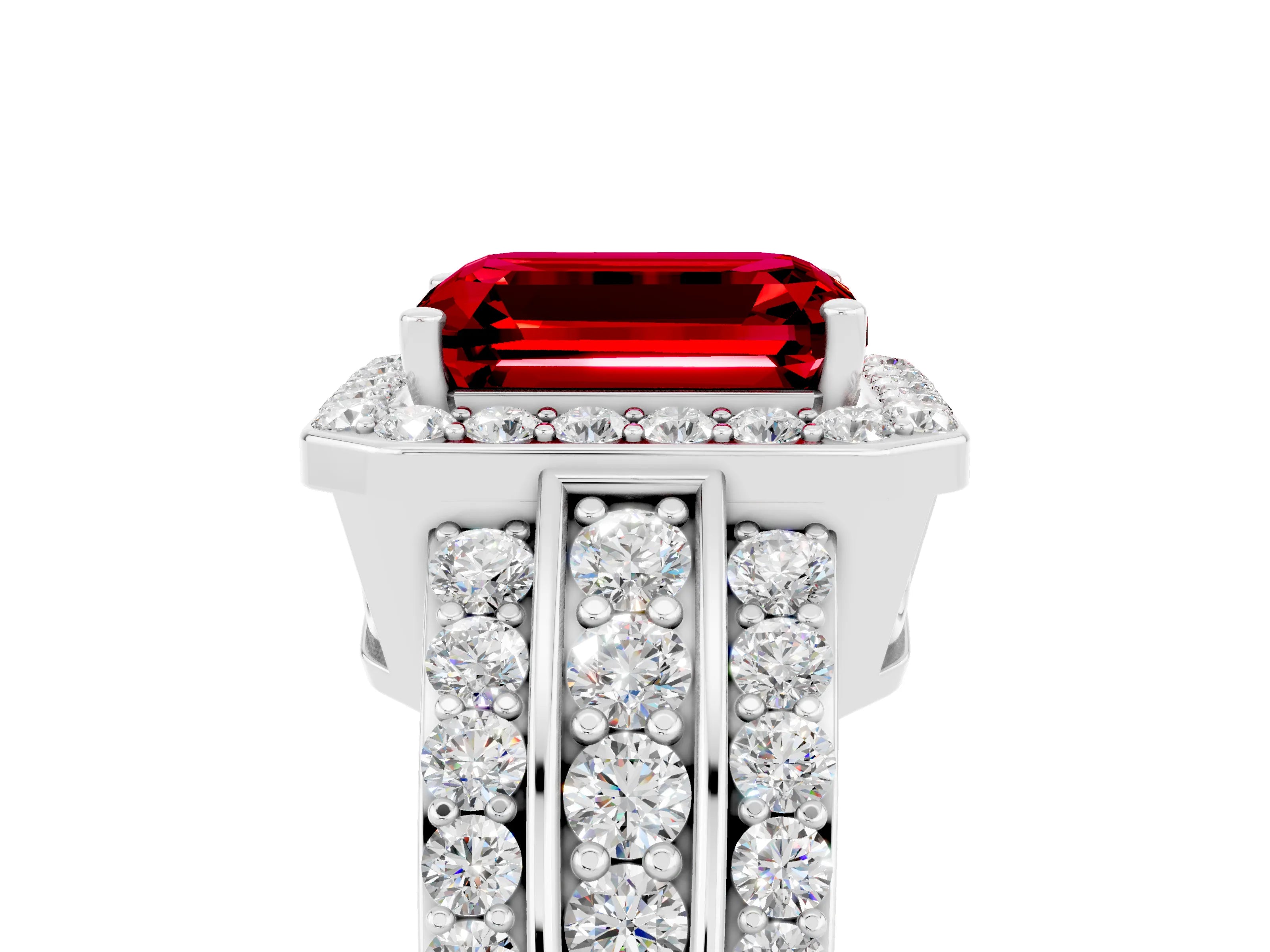 White gold Emerald Cut Halo Ruby Ring with Round  Split Shank and Prong Setting_17