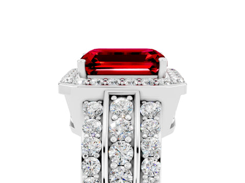 White gold Emerald Cut Halo Ruby Ring with Round  Split Shank and Prong Setting_17