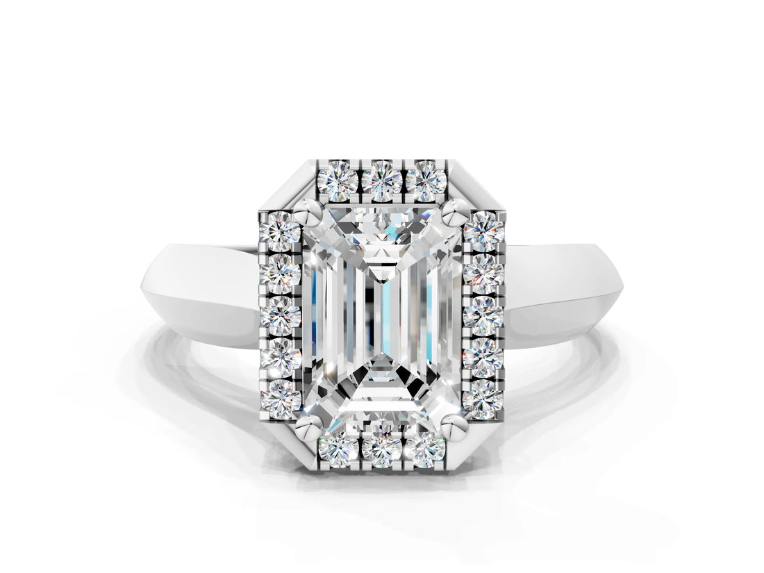 White gold Emerald Cut Halo Solitaire Engagement Ring with Square Band and Four-Prong Setting_102