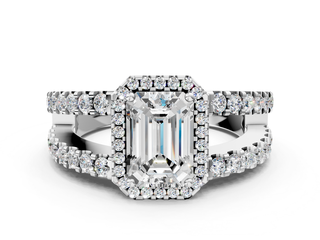 White gold Emerald Cut Halo Split Shank Diamond Ring with Four-Prong Setting_79