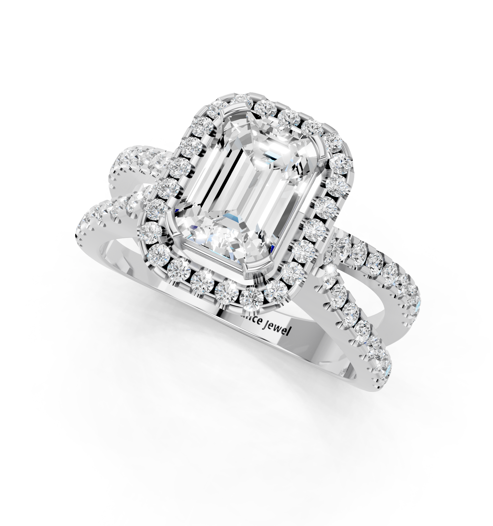 White gold Emerald Cut Halo Split Shank Pave Set Ring_26