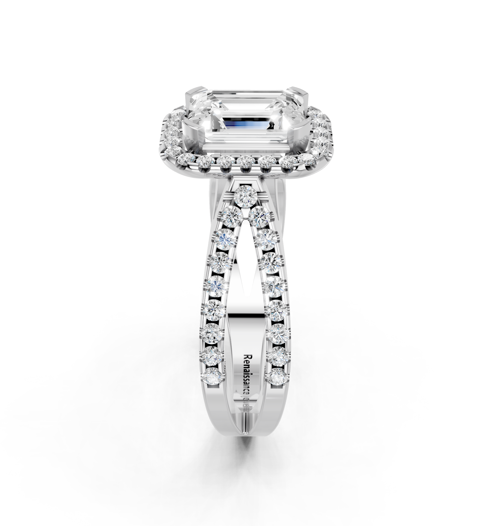White gold Emerald Cut Halo Split Shank Pave Set Ring_27