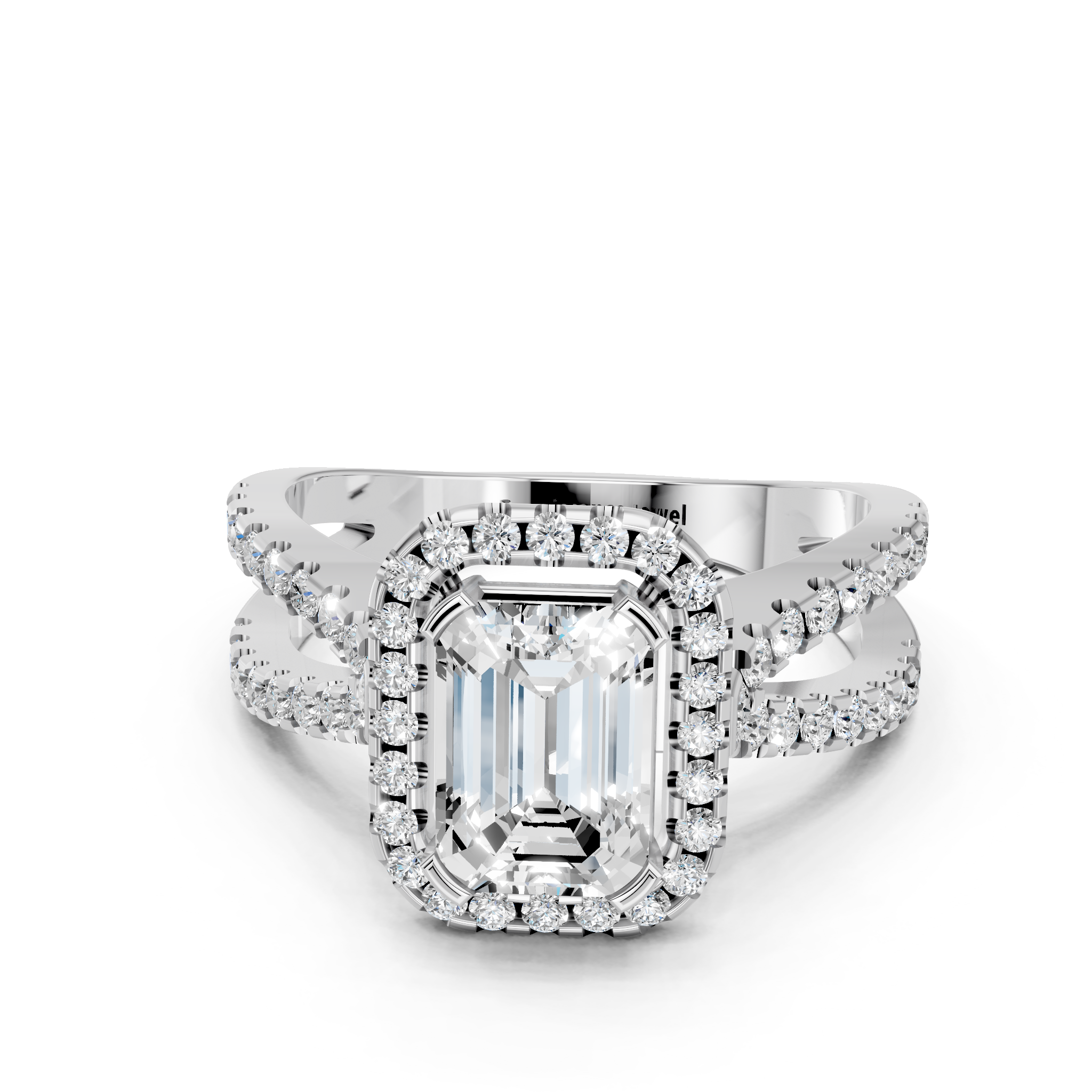 White gold Emerald Cut Halo Split Shank Pave Set Ring_32