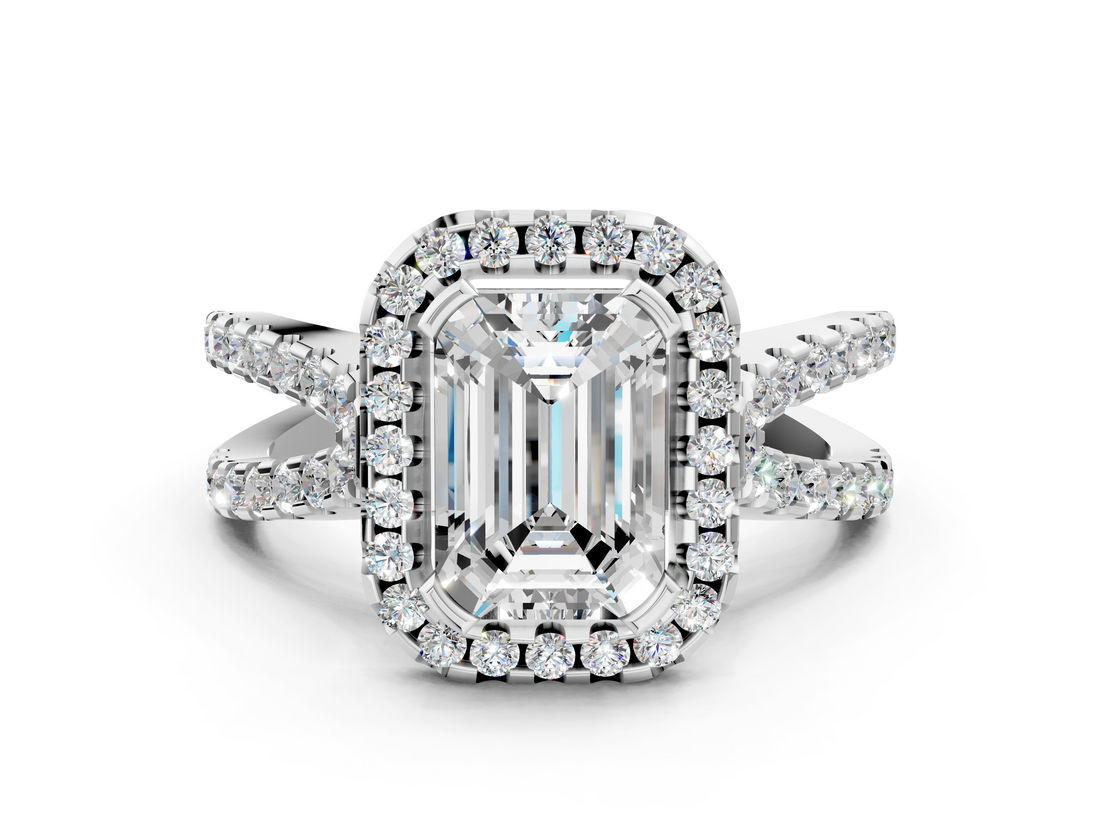White gold Emerald Cut Halo Split Shank Pave Set Ring_68