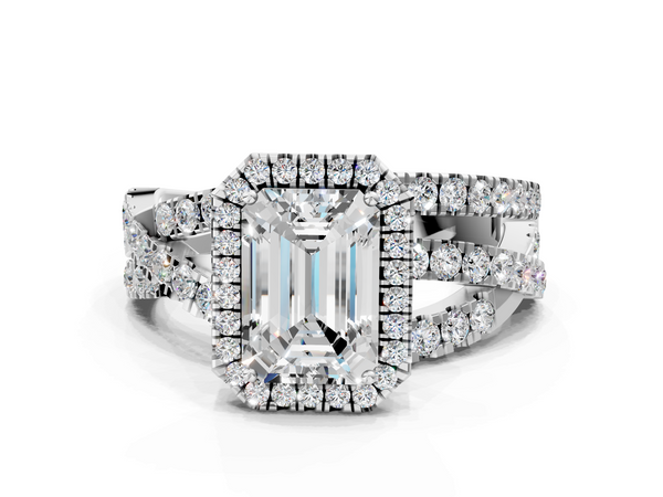 White gold Emerald Cut Halo Split Shank Prong Setting Ring