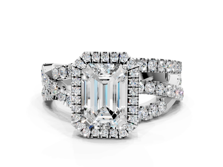 White gold Emerald Cut Halo Split Shank Prong Setting Ring