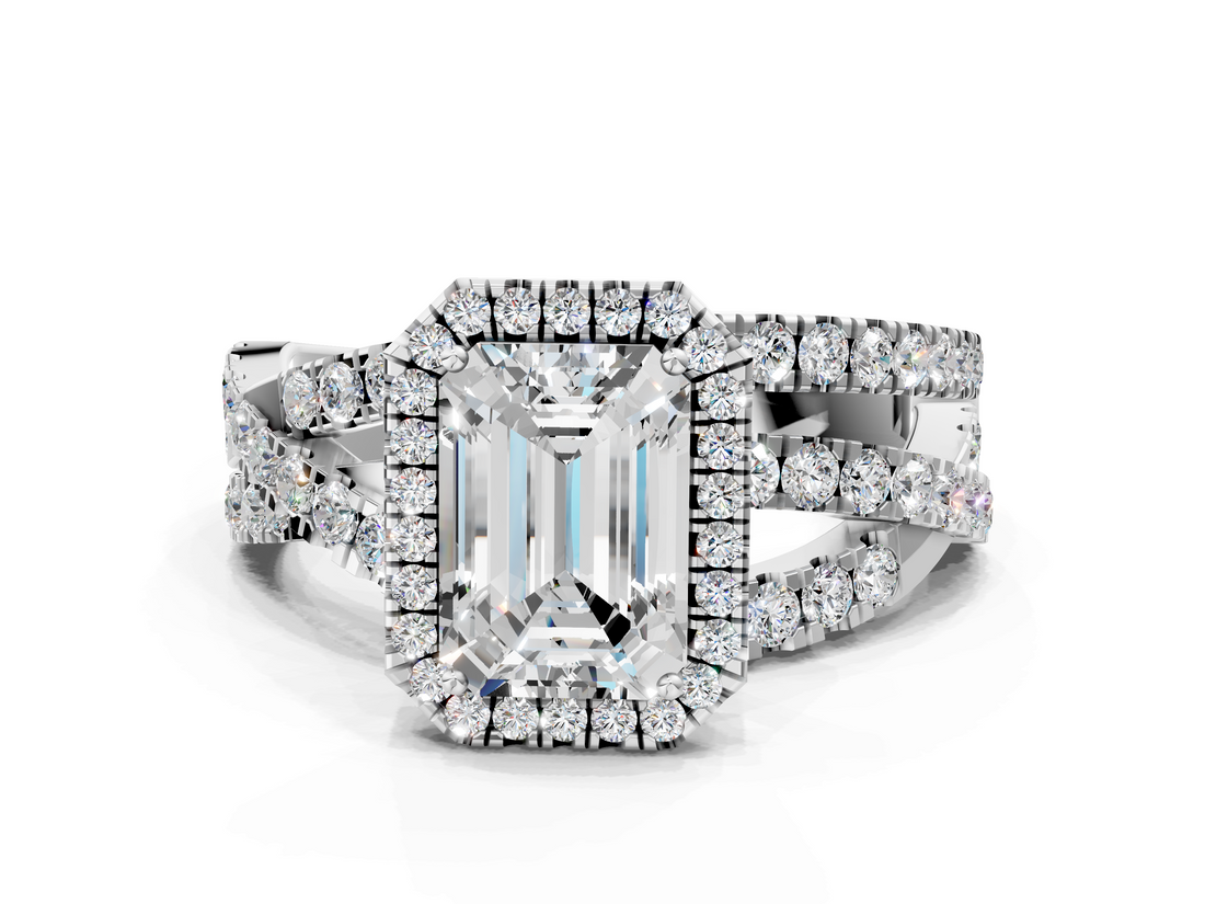 White gold Emerald Cut Halo Split Shank Prong Setting Ring_113