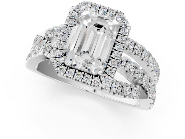 White gold Emerald Cut Halo Split Shank Prong Setting Ring