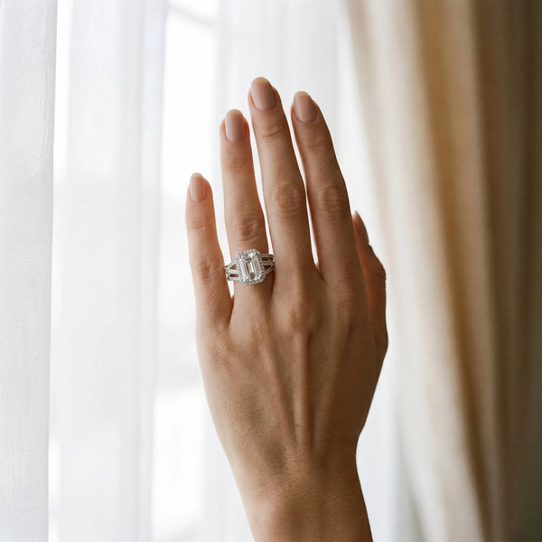 White gold Emerald Cut Halo Split Shank Prong Setting Ring
