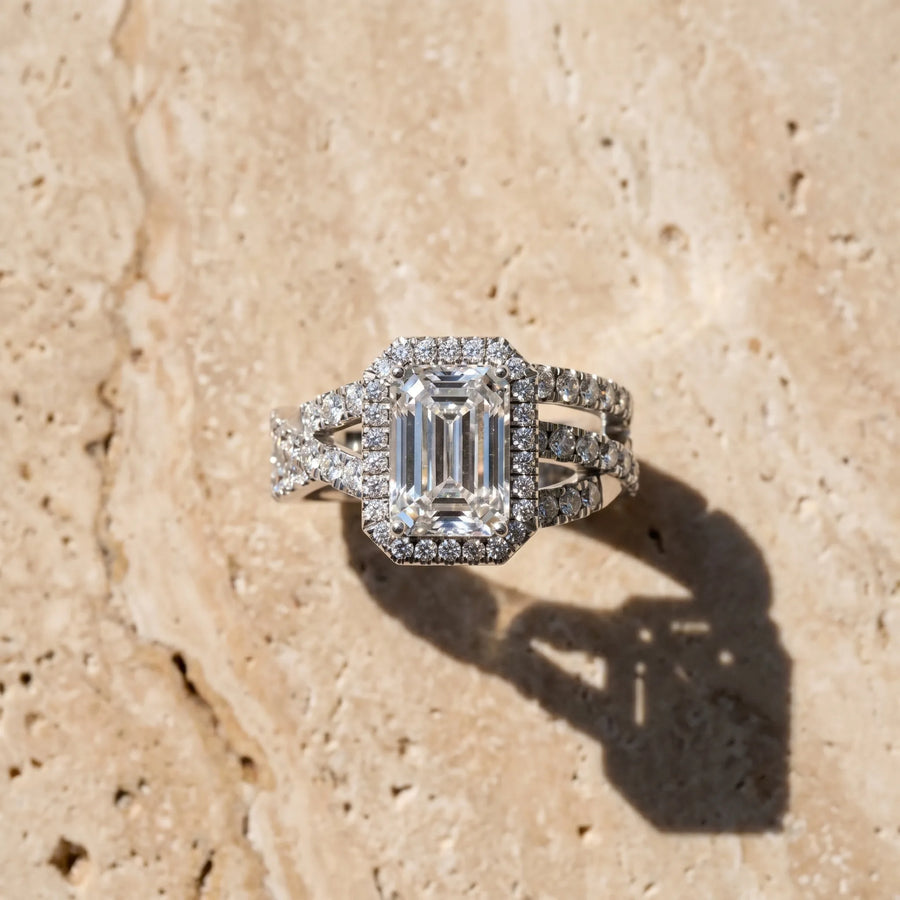 White gold Emerald Cut Halo Split Shank Prong Setting Ring