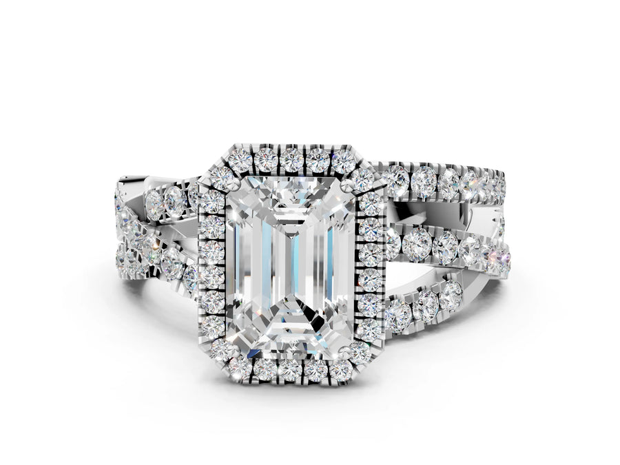 White gold Emerald Cut Halo Split Shank Prong Setting Ring