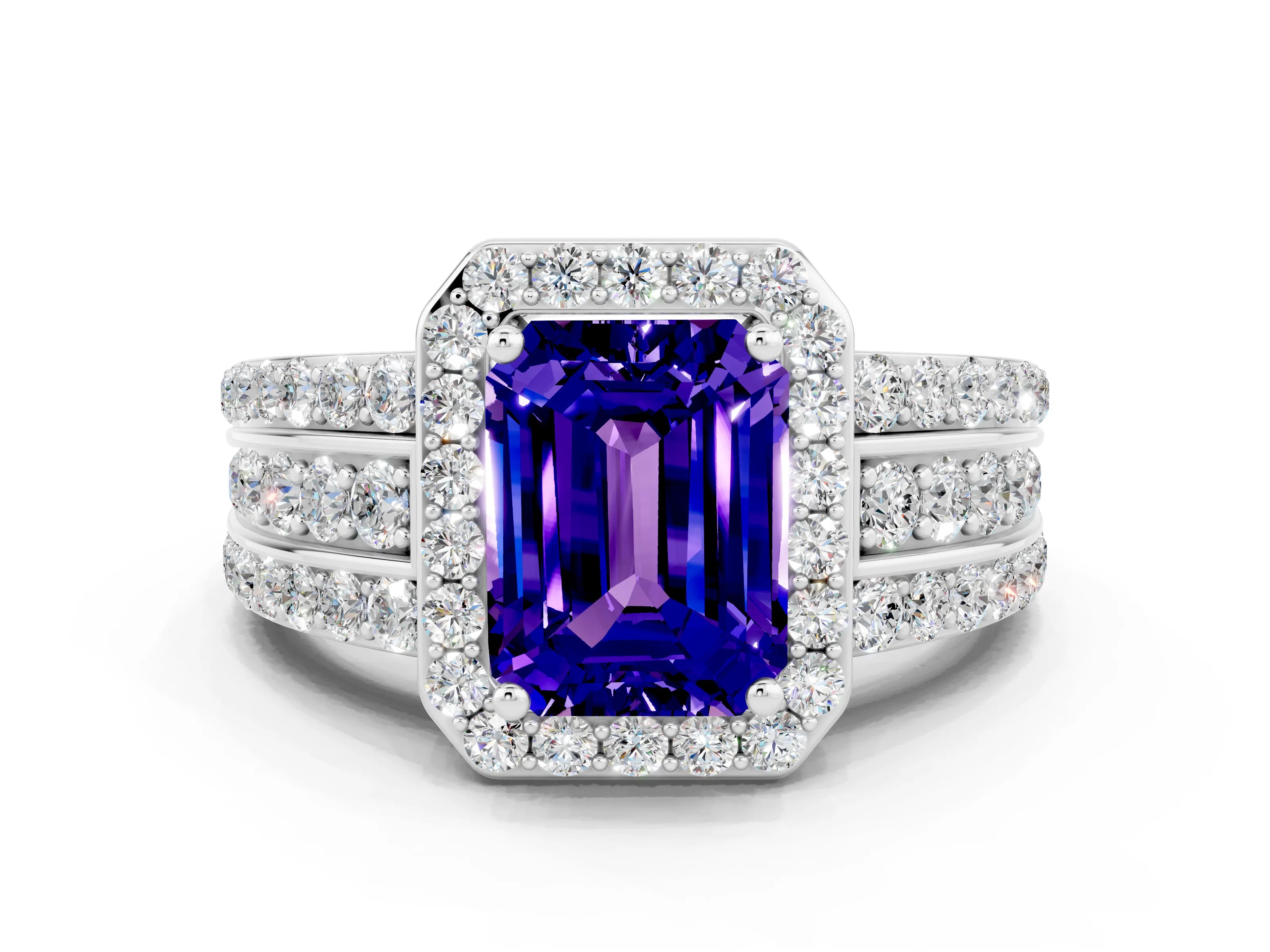 White gold Emerald Cut Halo Tanzanite Ring with Round  Split Shank and Prong Setting_12