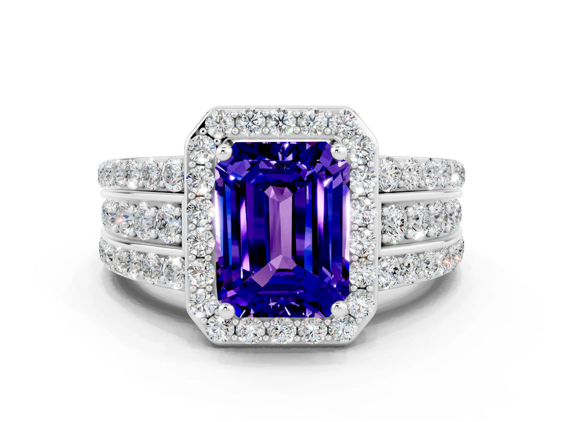 White gold Emerald Cut Halo Tanzanite Ring with Round  Split Shank and Prong Setting_12