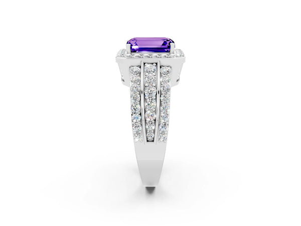 Platinum Emerald Cut Halo Tanzanite Ring with Round  Split Shank and Prong Setting