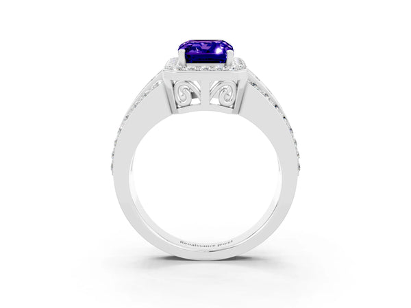 Platinum Emerald Cut Halo Tanzanite Ring with Round  Split Shank and Prong Setting