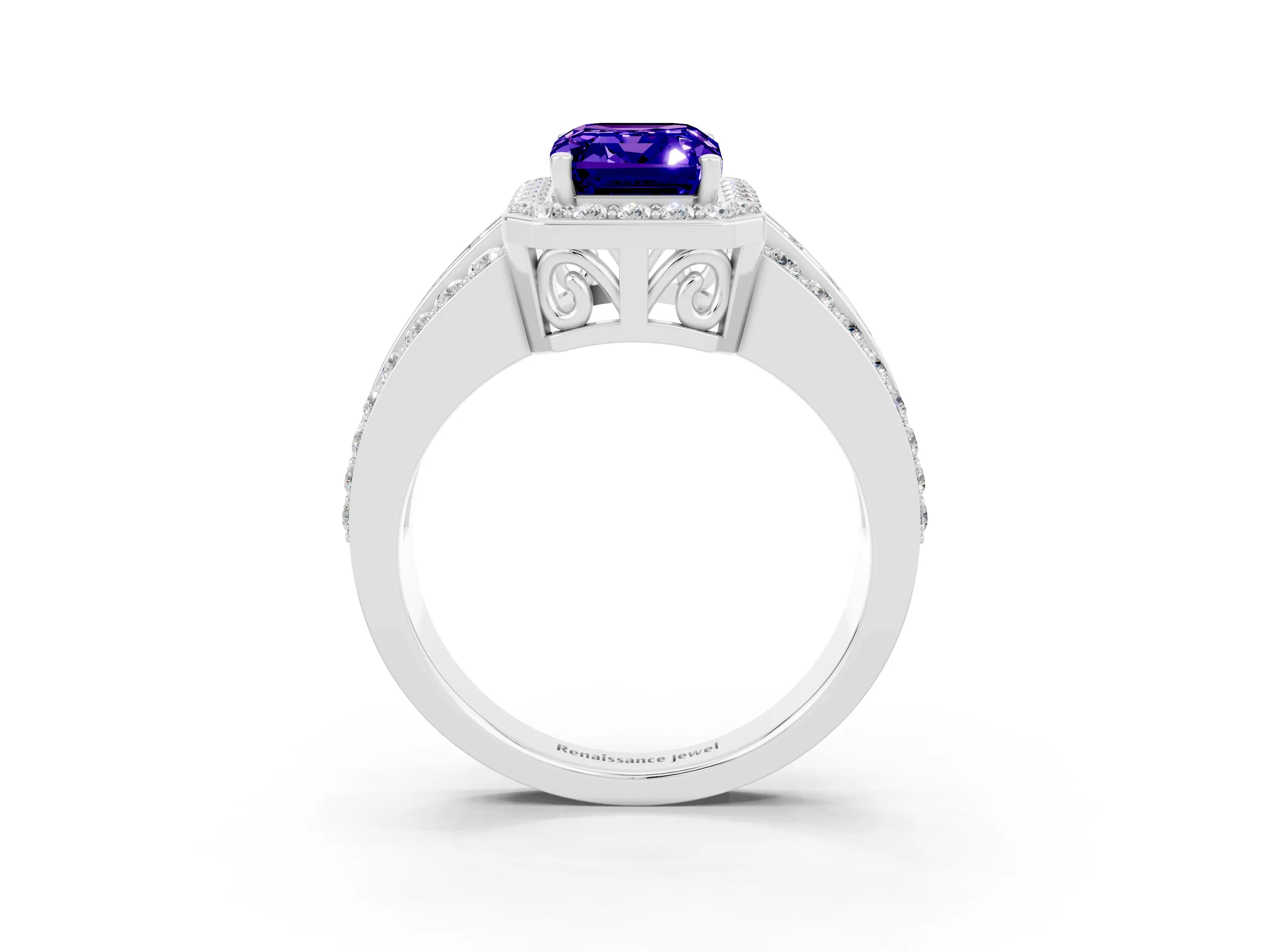 White gold Emerald Cut Halo Tanzanite Ring with Round  Split Shank and Prong Setting_15