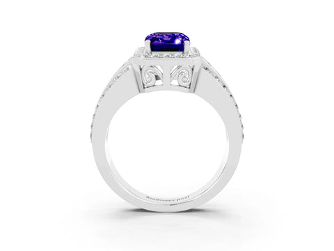 White gold Emerald Cut Halo Tanzanite Ring with Round  Split Shank and Prong Setting_15