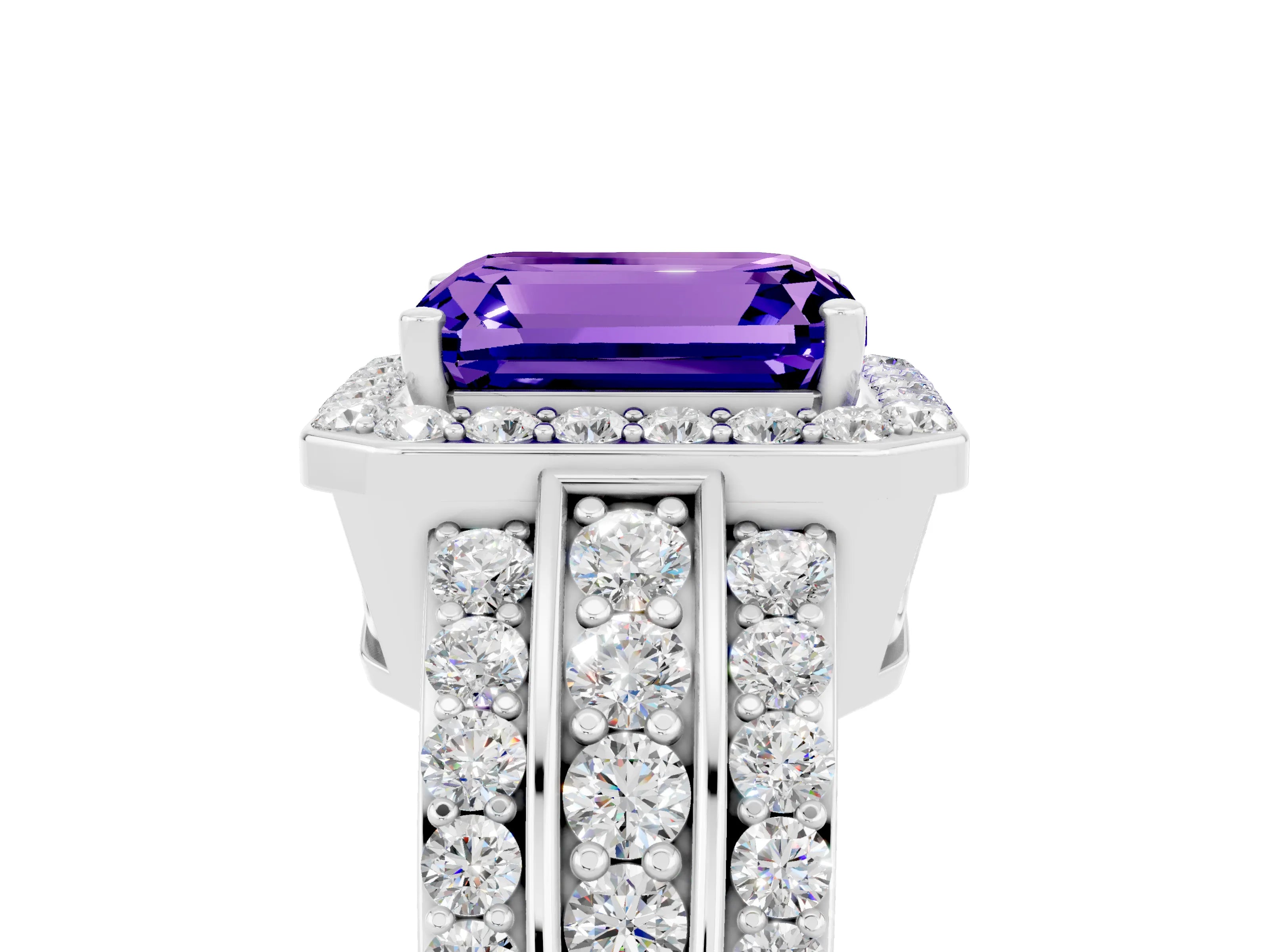 White gold Emerald Cut Halo Tanzanite Ring with Round  Split Shank and Prong Setting_17