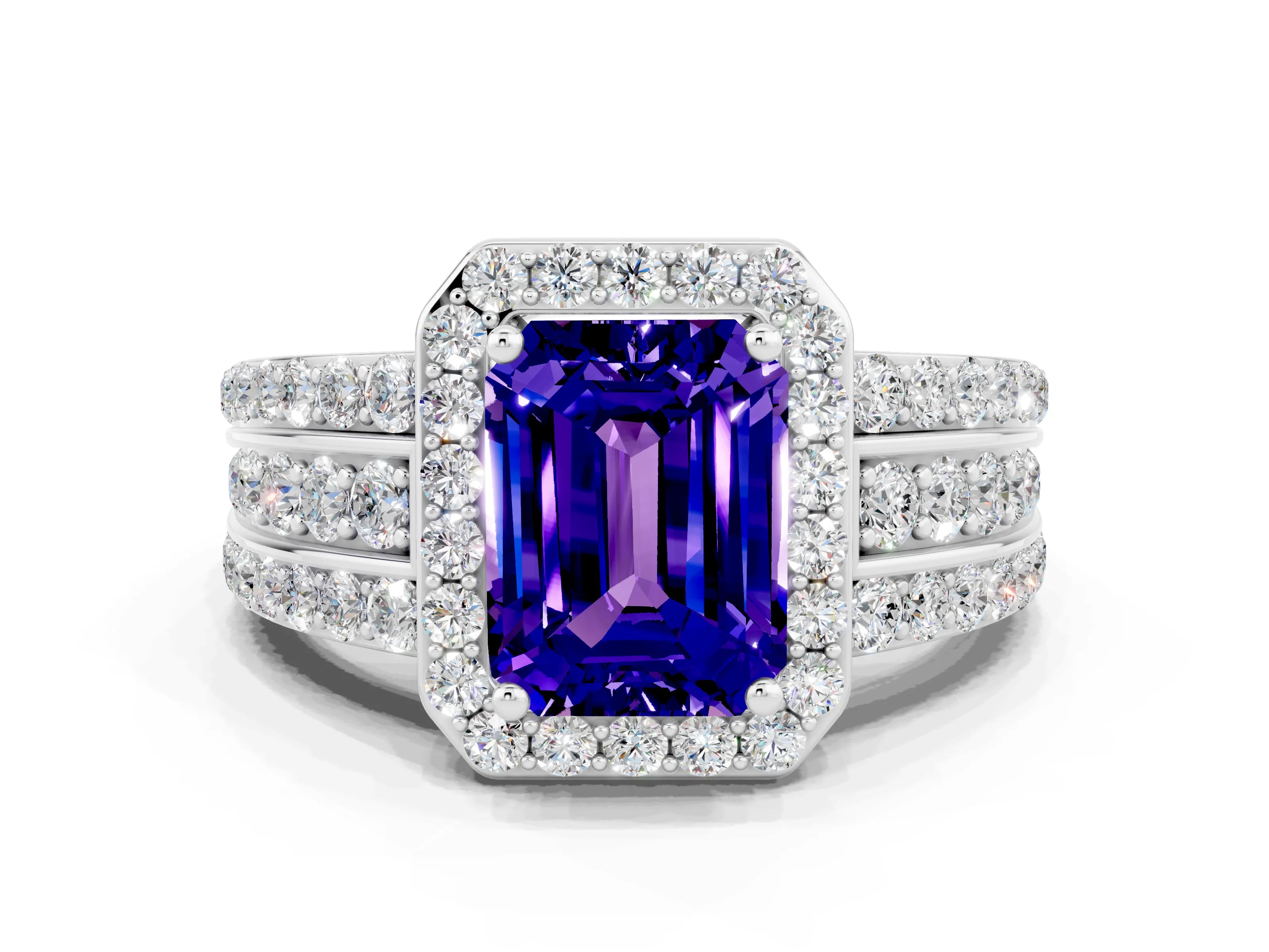 White gold Emerald Cut Halo Tanzanite Ring with Split Shank and Four-Prong Setting