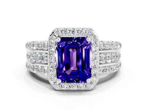 White gold Emerald Cut Halo Tanzanite Ring with Split Shank and Four-Prong Setting