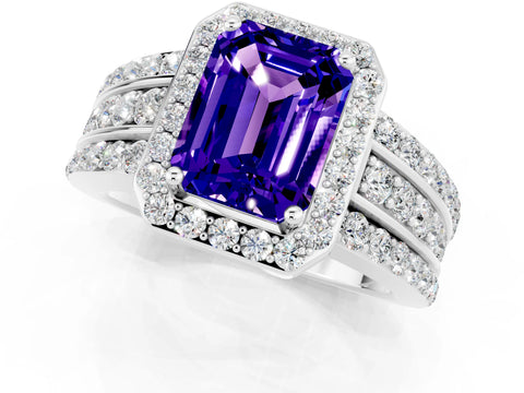 White gold Emerald Cut Halo Tanzanite Ring with Split Shank and Four-Prong Setting_1