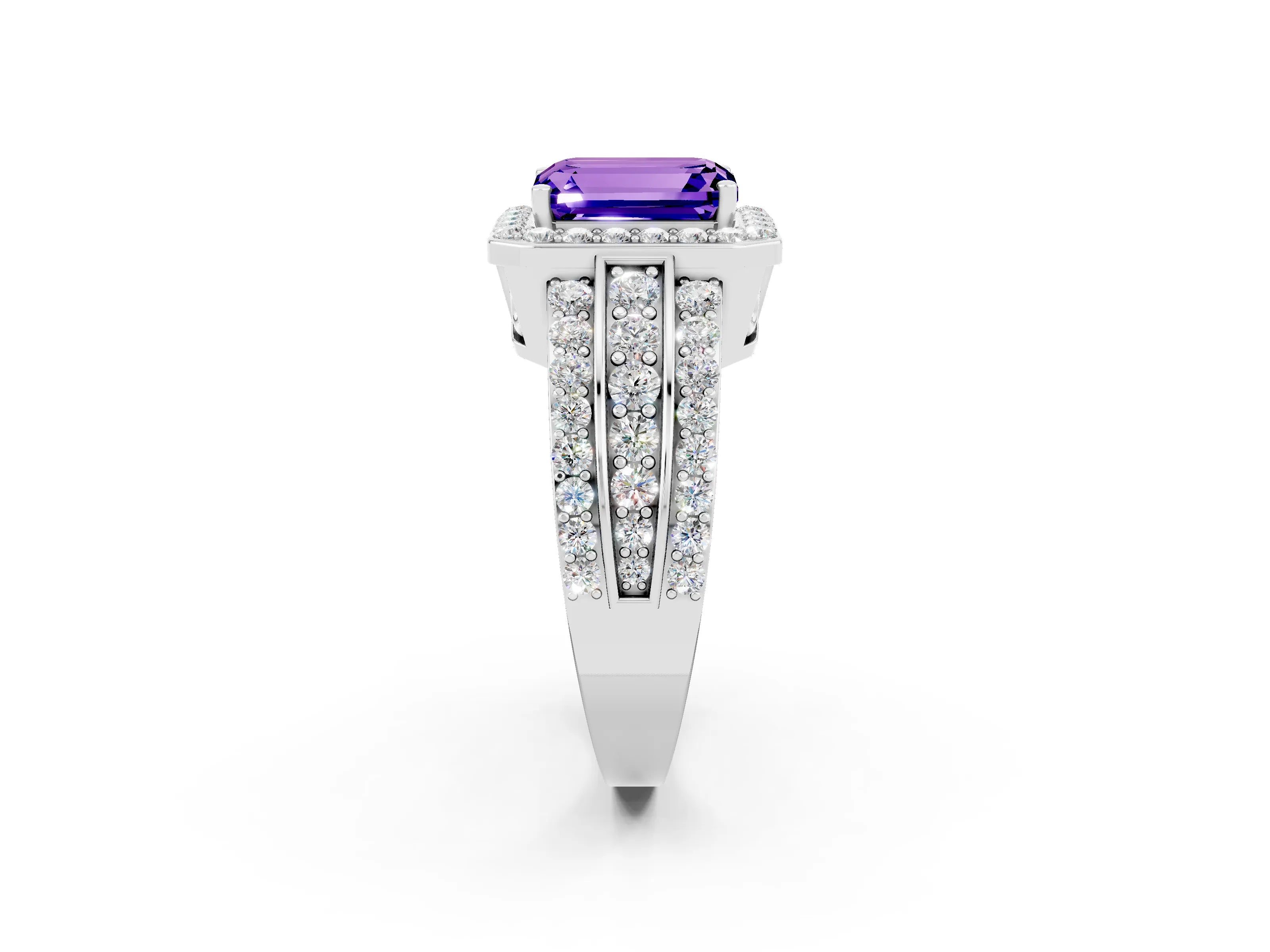 White gold Emerald Cut Halo Tanzanite Ring with Split Shank and Four-Prong Setting_2