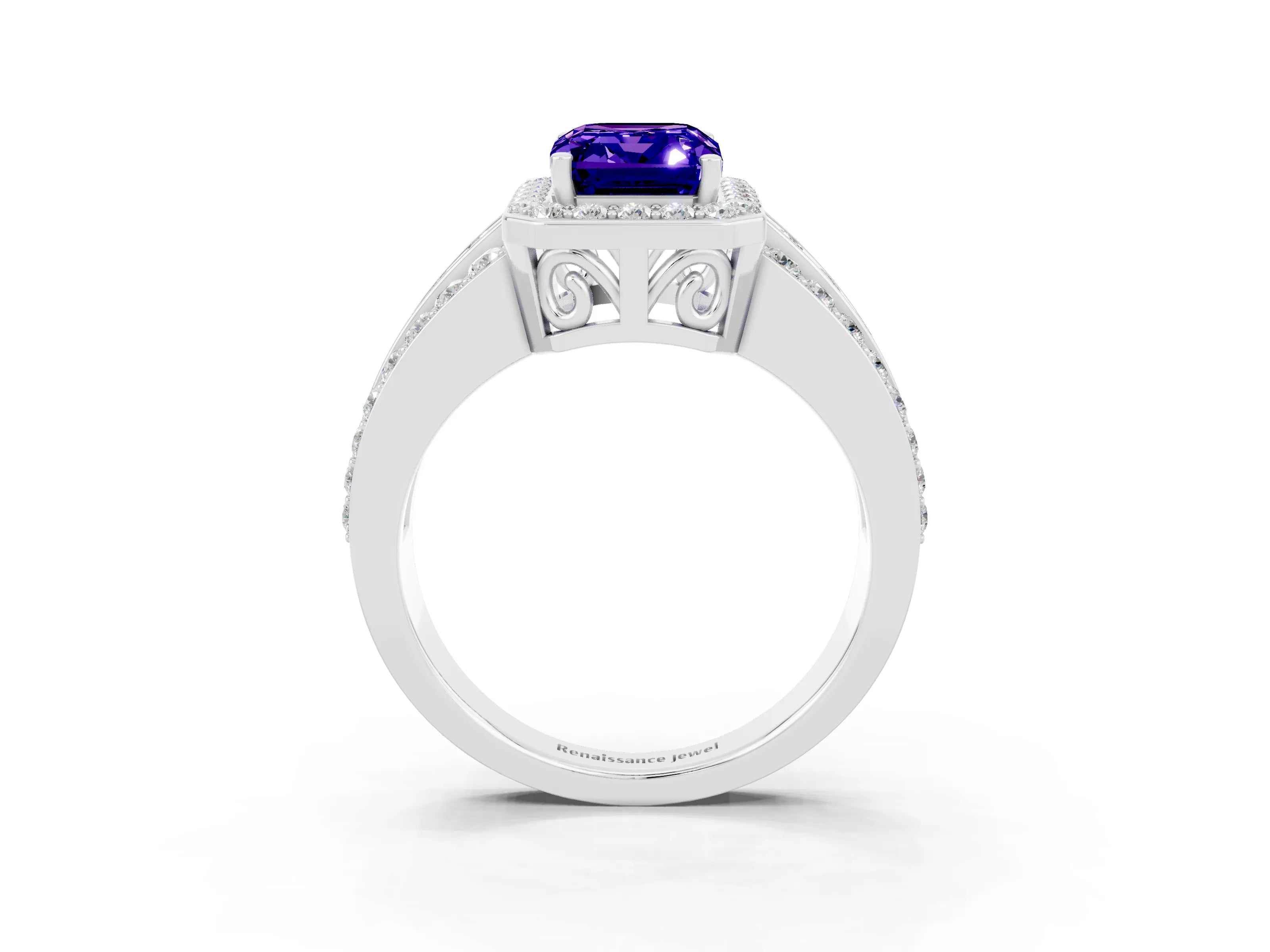 White gold Emerald Cut Halo Tanzanite Ring with Split Shank and Four-Prong Setting_3