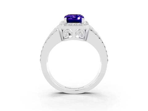 White gold Emerald Cut Halo Tanzanite Ring with Split Shank and Four-Prong Setting_3