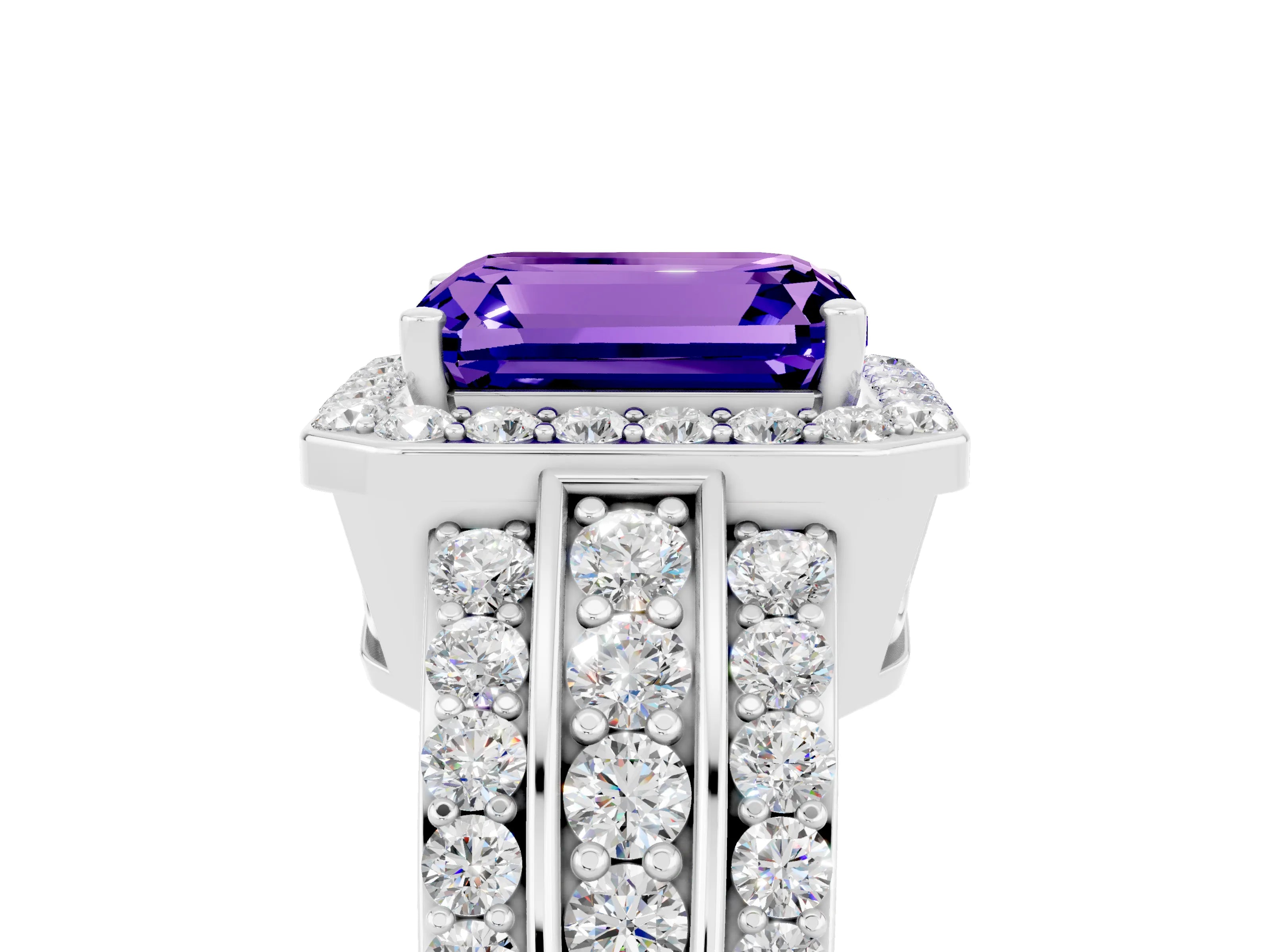 White gold Emerald Cut Halo Tanzanite Ring with Split Shank and Four-Prong Setting_5