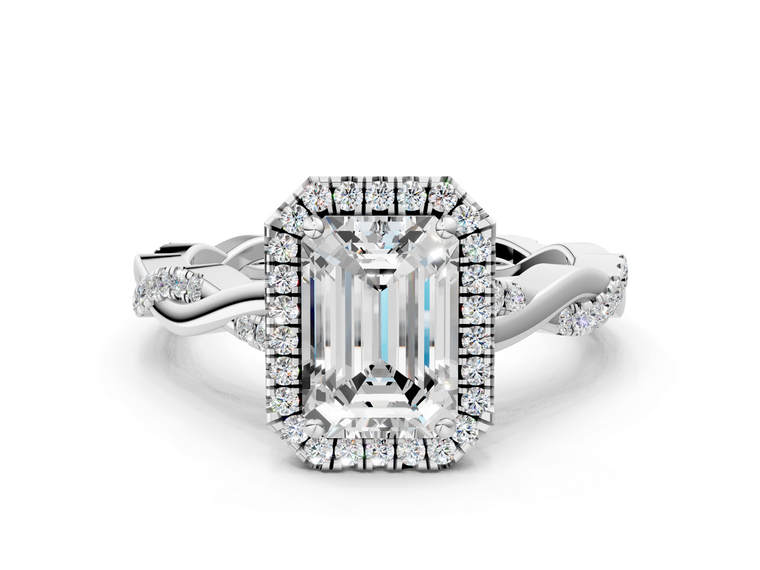 White gold Emerald Cut Halo Twisted Band Four-Prong Ring_46