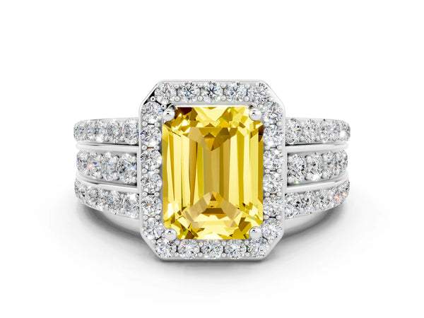 Silver Emerald Cut Halo Yellow Sapphire Ring with Round  Split Shank and Prong Setting
