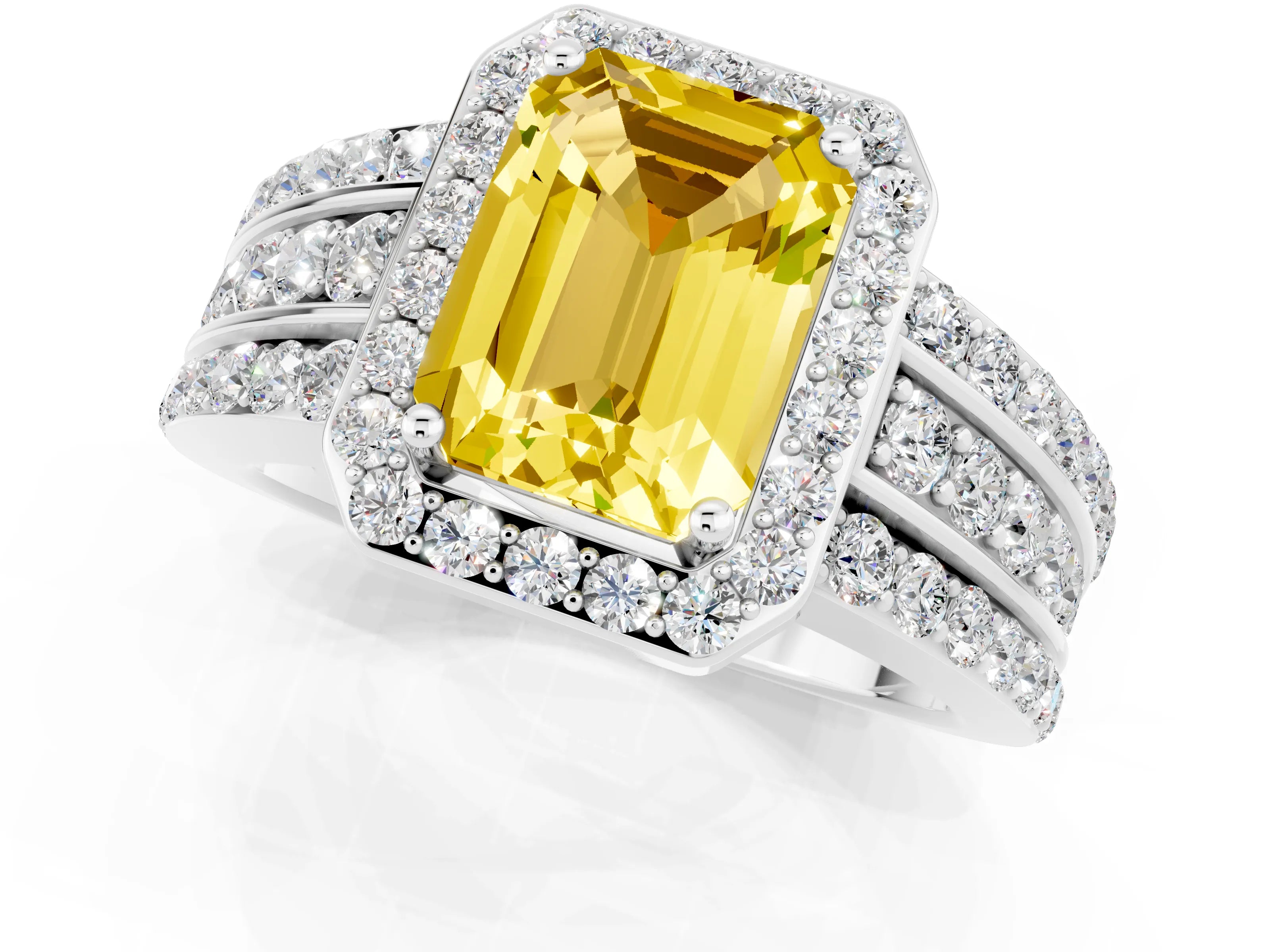 White gold Emerald Cut Halo Yellow Sapphire Ring with Round  Split Shank and Prong Setting_37