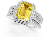 White gold Emerald Cut Halo Yellow Sapphire Ring with Round  Split Shank and Prong Setting_37