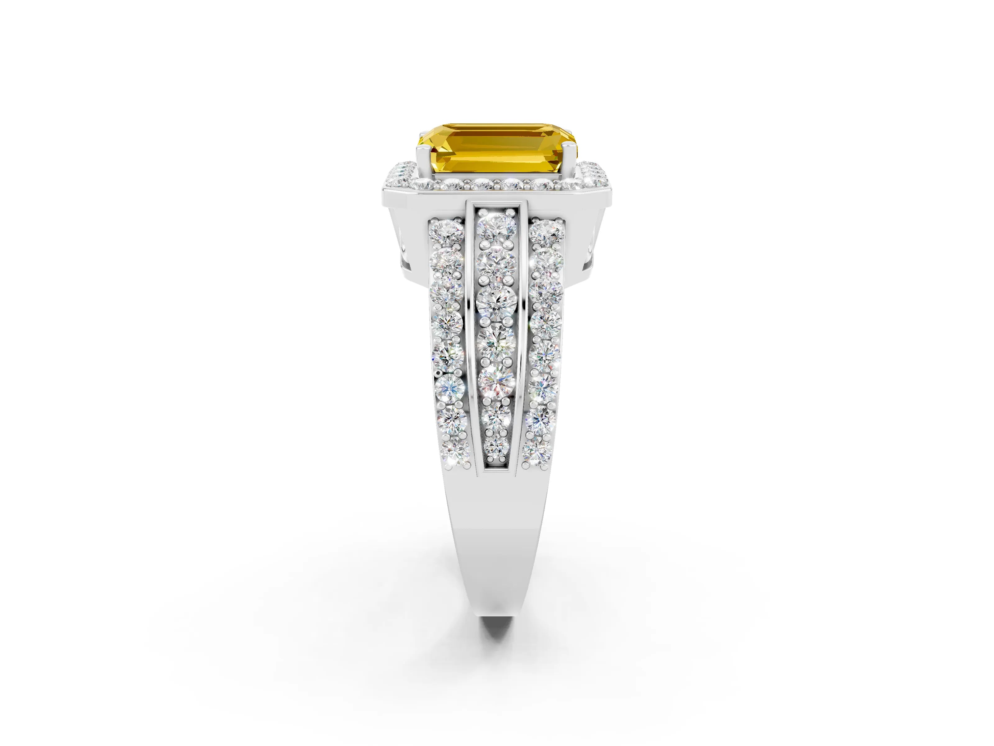 White gold Emerald Cut Halo Yellow Sapphire Ring with Round  Split Shank and Prong Setting_38