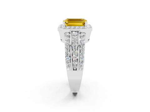 White gold Emerald Cut Halo Yellow Sapphire Ring with Round  Split Shank and Prong Setting_38