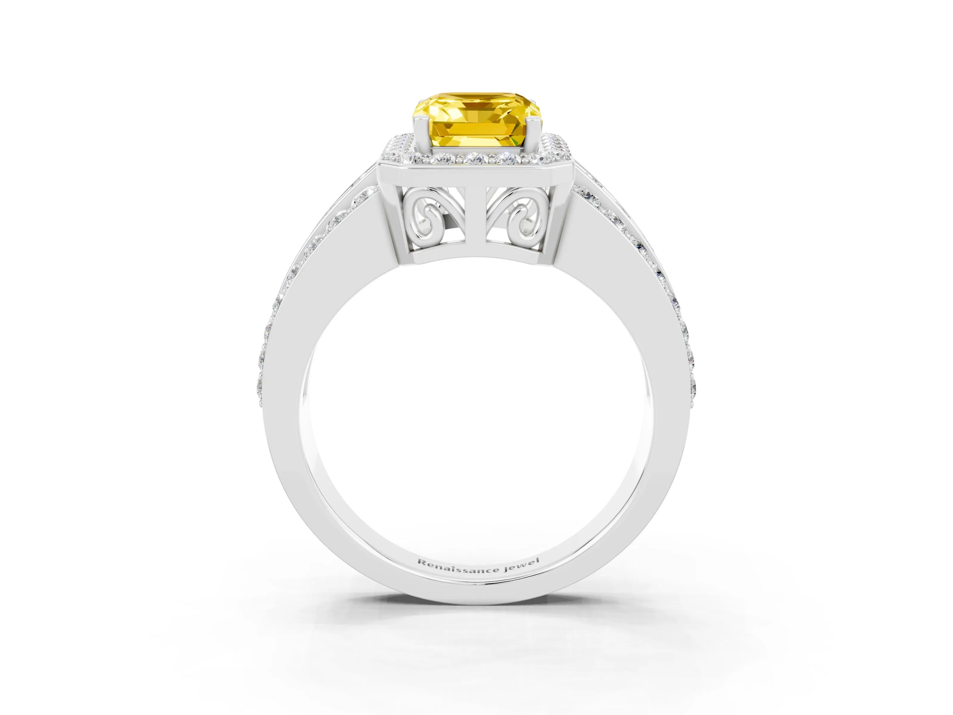 White gold Emerald Cut Halo Yellow Sapphire Ring with Round  Split Shank and Prong Setting_39