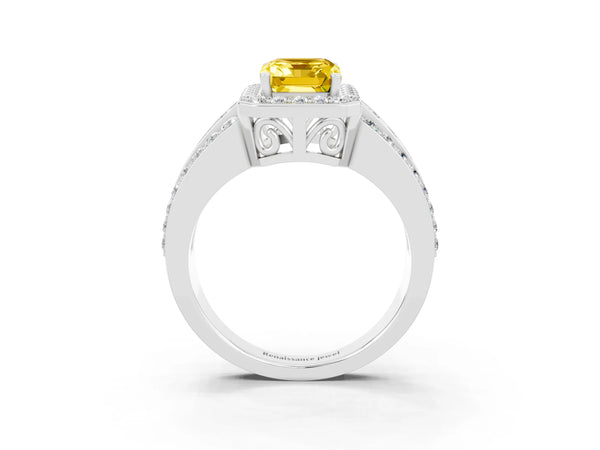 Platinum Emerald Cut Halo Yellow Sapphire Ring with Round  Split Shank and Prong Setting
