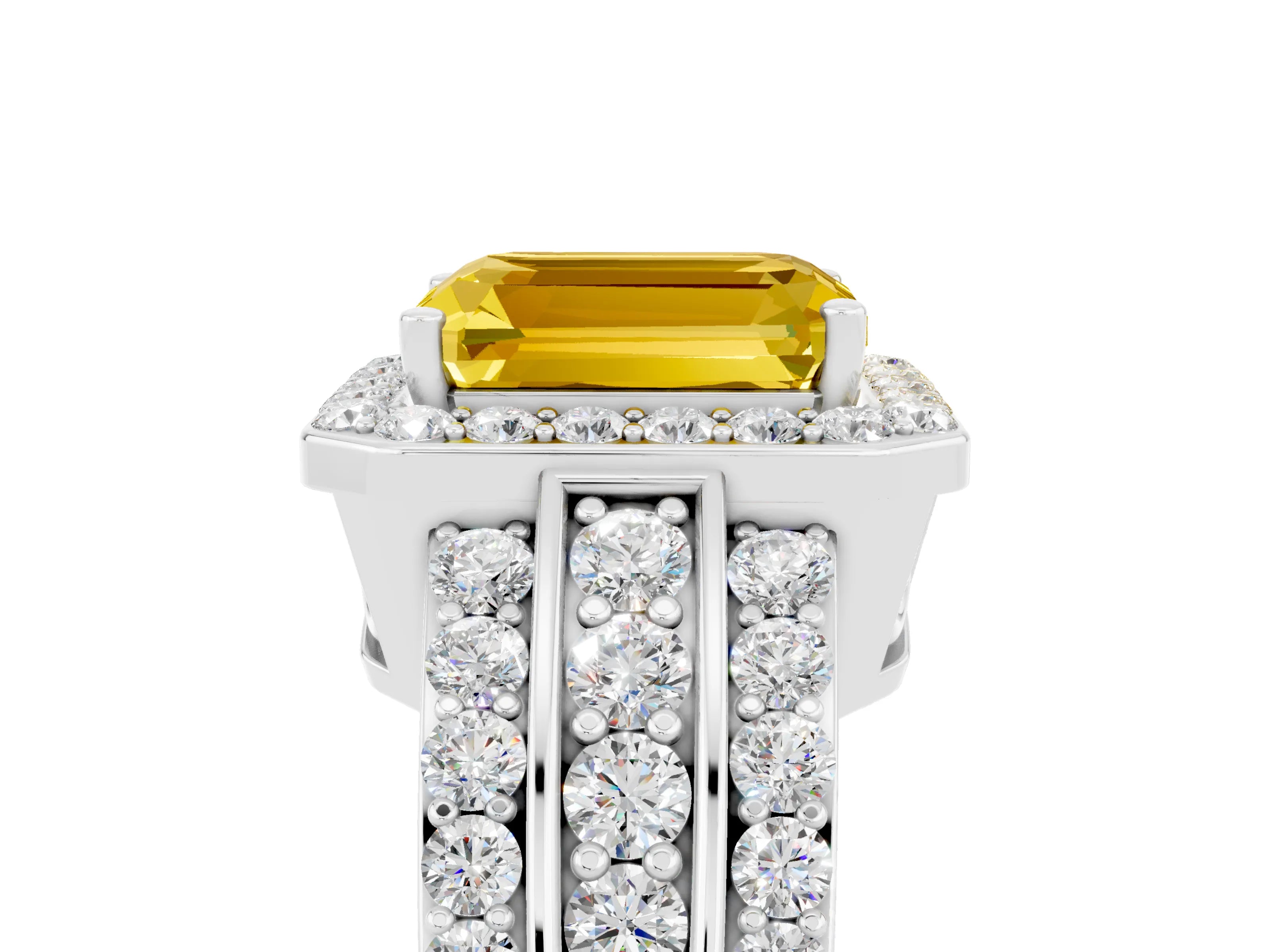 White gold Emerald Cut Halo Yellow Sapphire Ring with Round  Split Shank and Prong Setting_41
