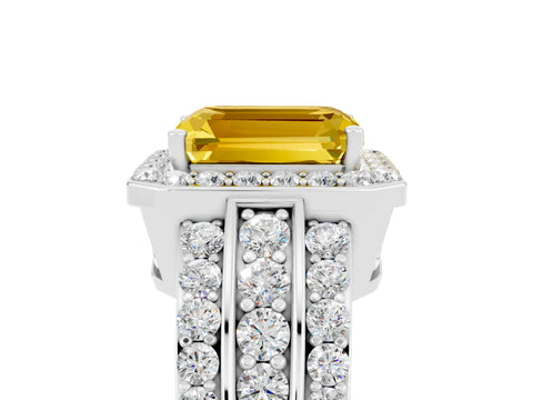 White gold Emerald Cut Halo Yellow Sapphire Ring with Round  Split Shank and Prong Setting_41